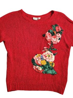 Vintage Thums Up Knit Applique Sweater Women's L Red Floral 3D Beaded Indie Chic